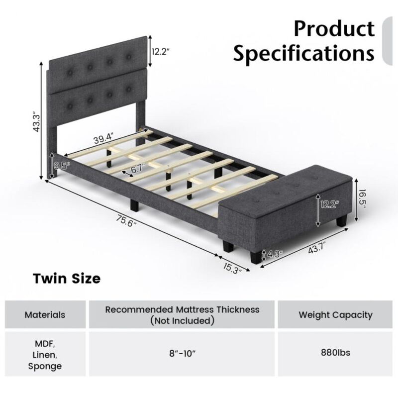 Hivvago Twin/Full/Queen Upholstered Bed Frame with Ottoman Storage