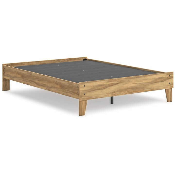 Maci Full Platform Bed, Natural Light Brown Wood, Low Profile Legs - Benzara