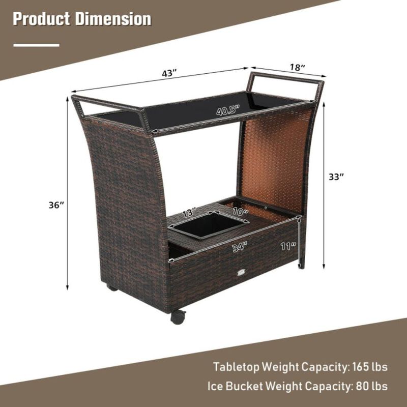 Hivvago Patio Rattan Bar Serving Cart with Glass Top and Handle