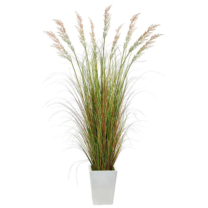 Nearly Natural 74-in Grass Artificial Plant in White Metal Planter