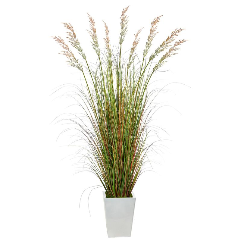 Nearly Natural 74-in Grass Artificial Plant in White Metal Planter