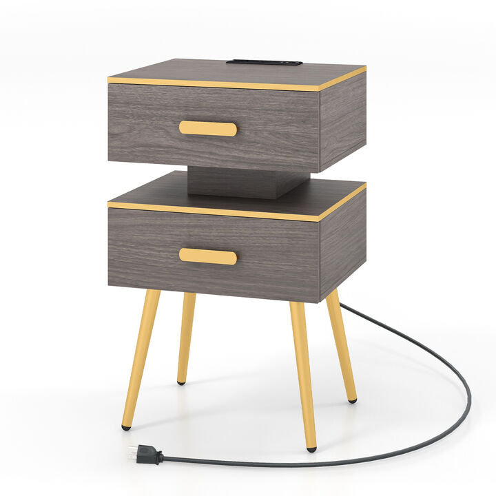 Nightstand Sofa Side Tables with Charging Station and 2 Drawers and LED lights-Grey