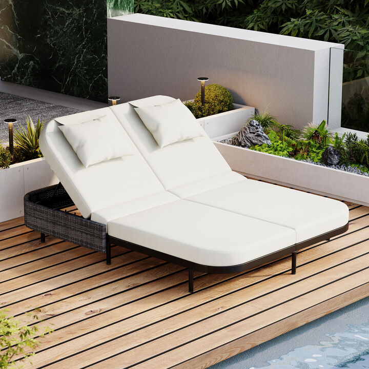 Whisen Outdoor Rattan Daybed with Beige Cushion, 5-Position Adjustable Backrest & Removable Pillows