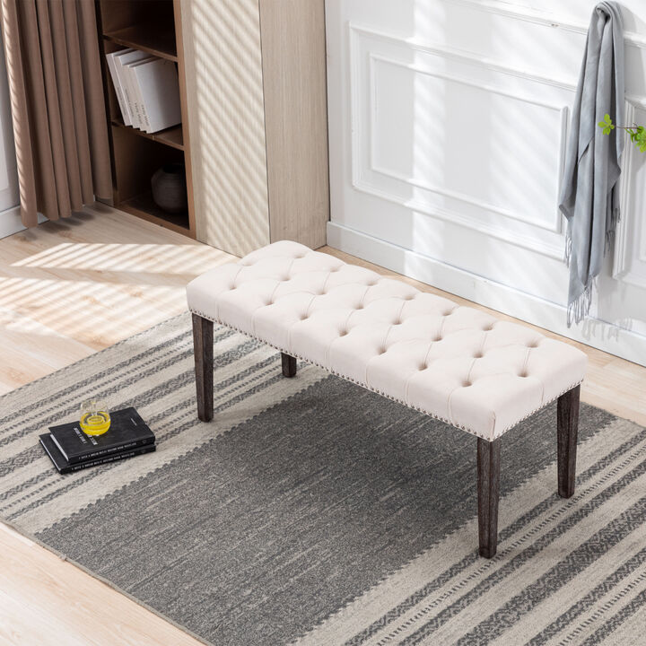 Beige Velvet Tufted Bench Ottoman