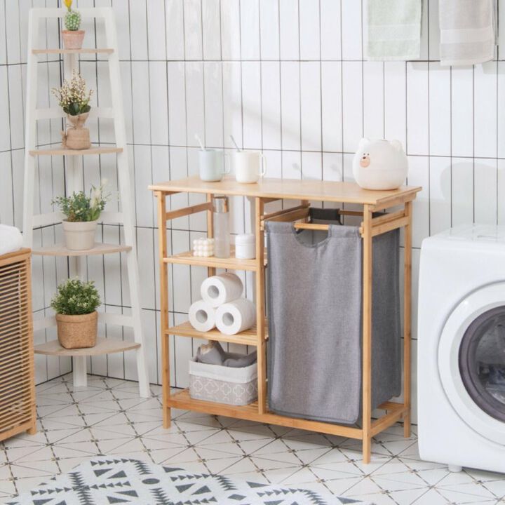 Hivvago Bamboo Laundry Hamper Stand with Removable Sliding Bag and 3-Tier Open Shelves