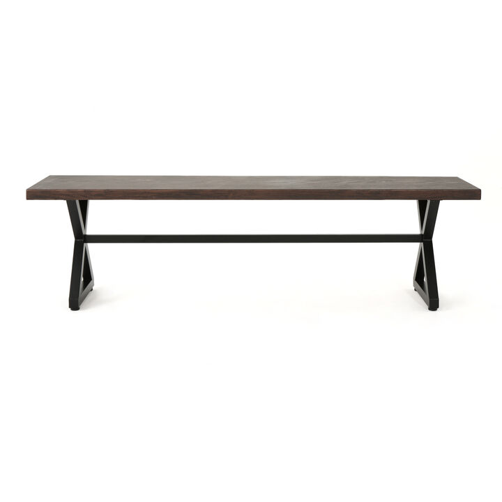 Romita Outdoor Dining Bench, X Legs, Brown Metal, Black Steel, 63 Inch - Benzara