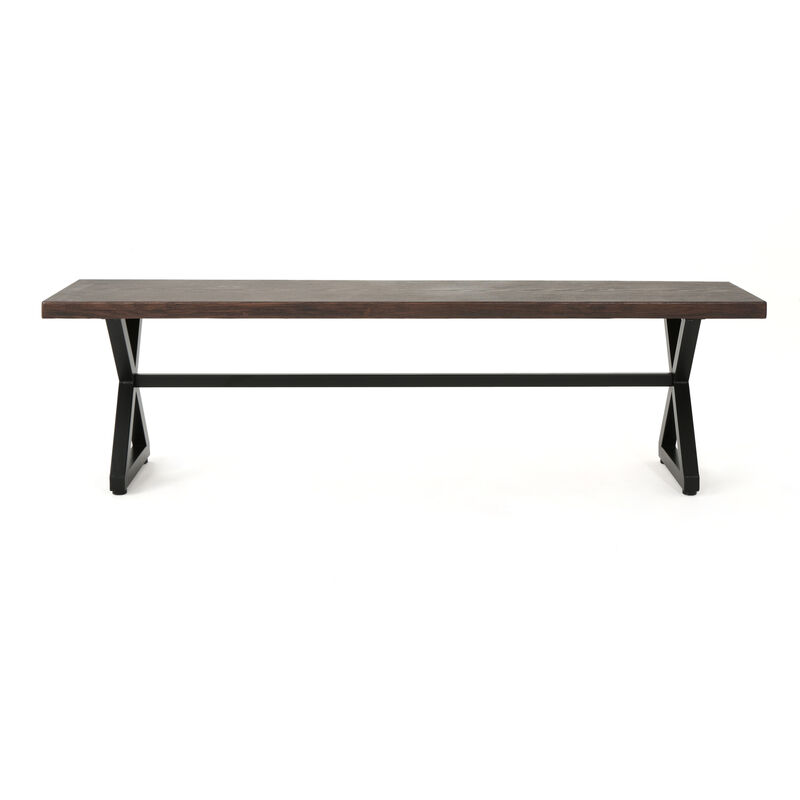 Romita Outdoor Dining Bench, X Legs, Brown Metal, Black Steel, 63 Inch - Benzara