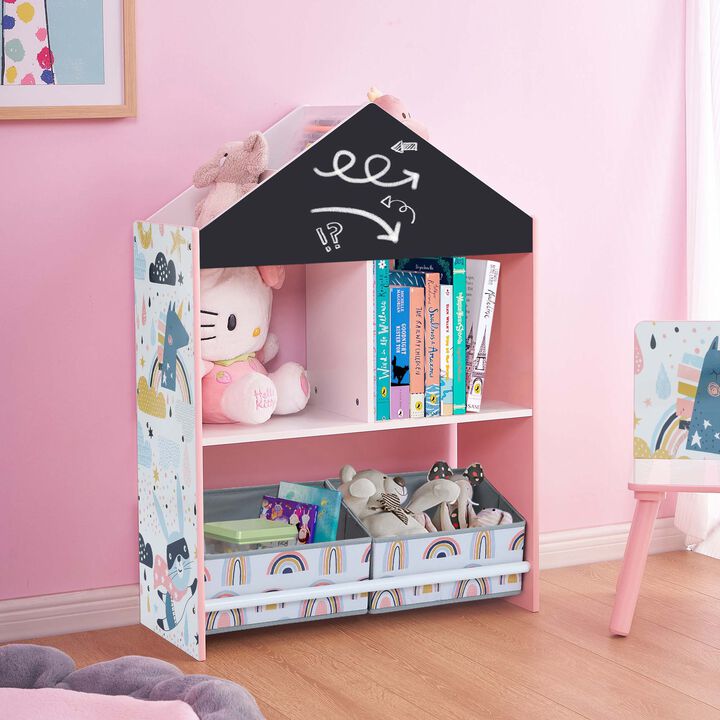 LuxenHome Children's Multi-Functional Dinosaur House Bookcase Toy Storage Bin Floor Cabinet with Blackboard