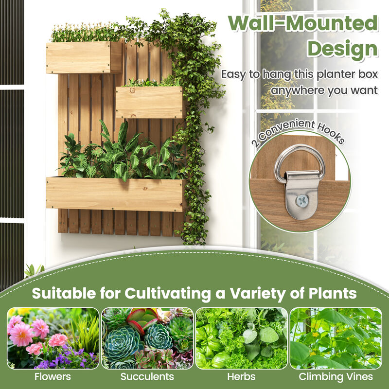3-Box Wooden Raised Garden Bed with Trellises and Fabric Liners-Natural