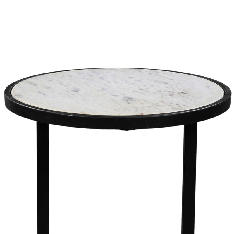Beri 18 Inch Side End Table, Round White Natural Marble Top, Classic Slim Black Iron Frame - Benzara