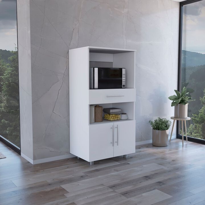Worland Pantry Cabinet with Microwave Stand, Multi-Functional with Drawer and 2-Door-White
