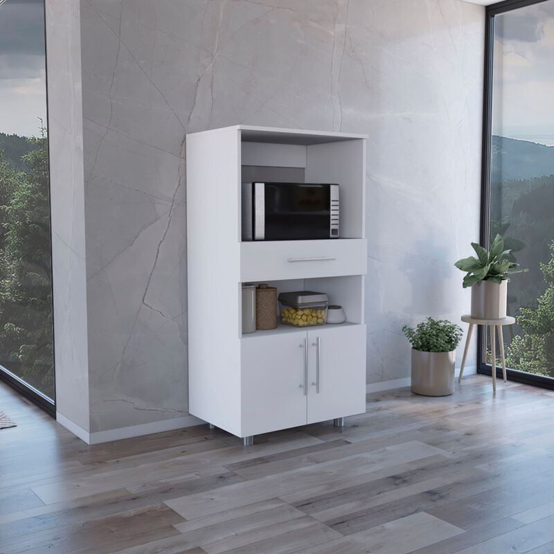 Worland Pantry Cabinet with Microwave Stand, Multi-Functional with Drawer and 2-Door-White
