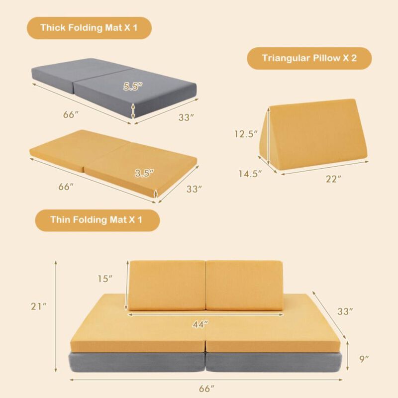 Hivvago 4 Pieces Convertible Kids Couch Set with 2 Folding Mats