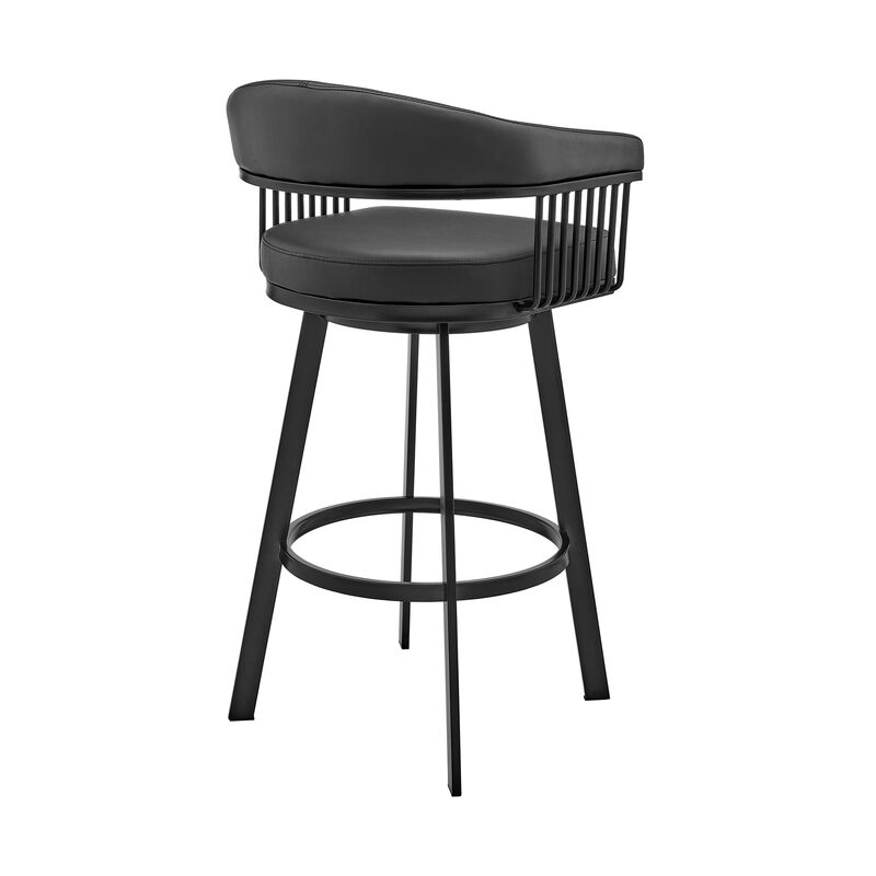 Swivel Barstool with Open Metal Frame and Slatted Arms, Black-Benzara