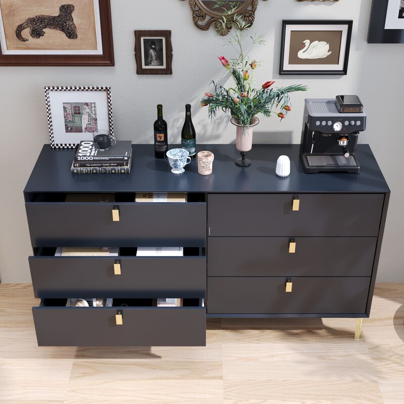 White 6-Drawers 55.1 in. Width Classic Wooden Chest of Drawers, Dresser, Storage Cabinet with Golden Legs and Handles