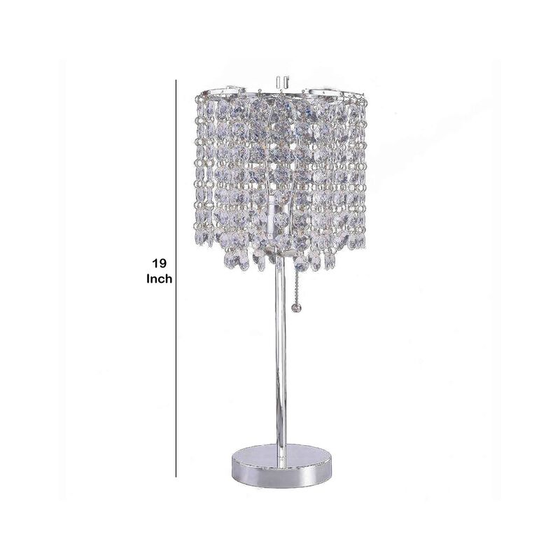 Chandelier Crystal Accented Table Lamp with Tubular Frame, Chrome and Clear-Benzara