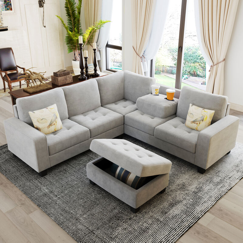 Sectional Corner Sofa L-shape Couch with Storage Ottoman & Cup Holders