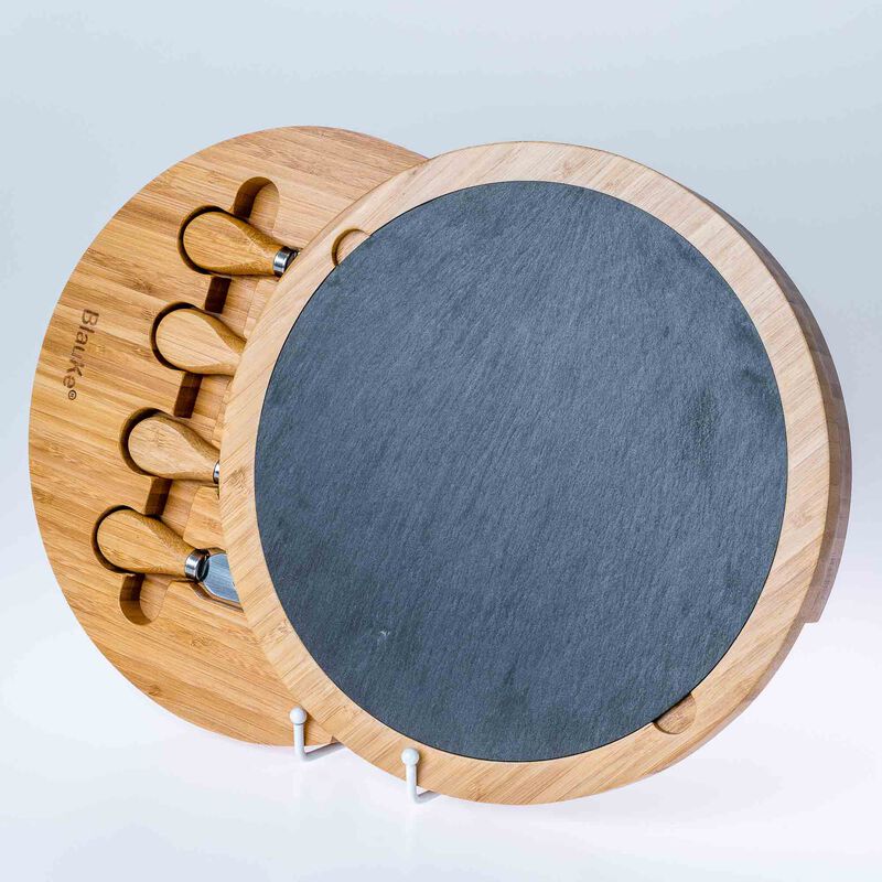 Round Bamboo Cheese Board with Knife Set and Removable Slate - 12 inch Swiveling Charcuterie Board