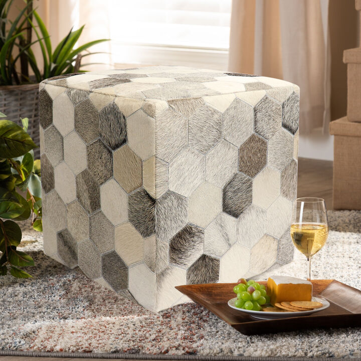 Pasargad Home Galaxy Cowhide Pouf Ottoman, Silver/Grey