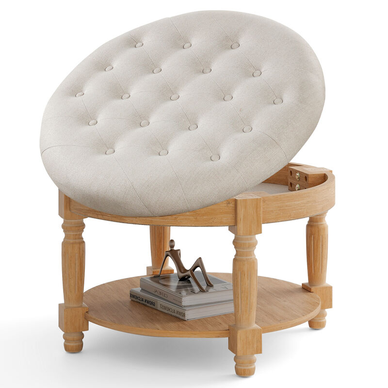 29-Inch Round Ottoman Coffee Table, 2-Tier Upholstered Tufted Footrest with Flip-Up Storage Top