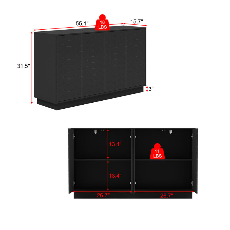 FUFU&GAGA Modern Black Sideboard Cabinet with 4 Doors, Adjustable Shelves, Engineered Wood (55.1" W x 15.7" D x 31.5" H), Black