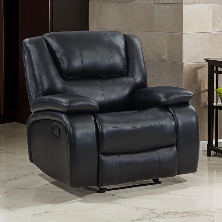 Mila Manual Glider Recliner Chair, Black Faux Leather, Pillow Top Arms - Benzara