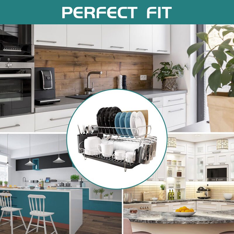 2 Tier Stainless Steel High Capacity Dish Drying Rack Set Kitchen Black