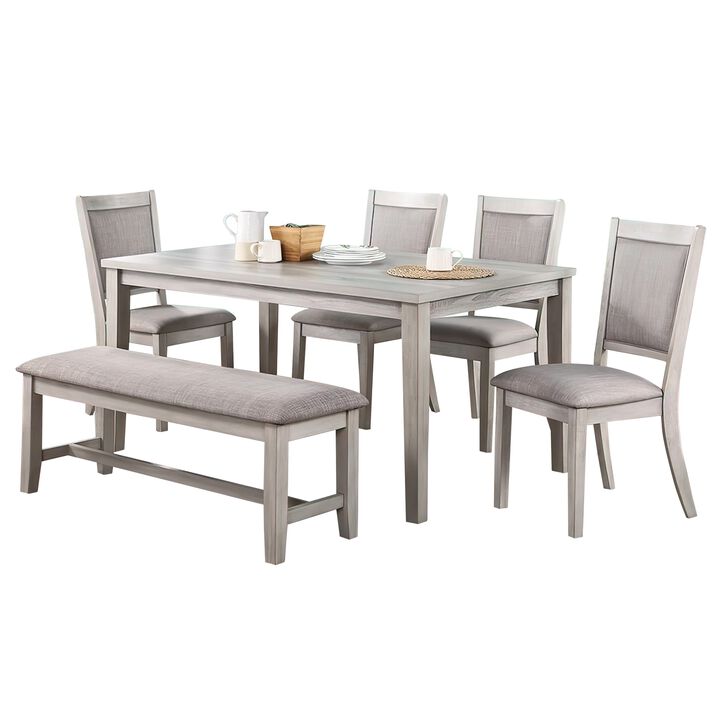 Modern 6 Piece Dining Set with Table, 4 Chairs and Bench, Plush Seats, Gray - Benzara