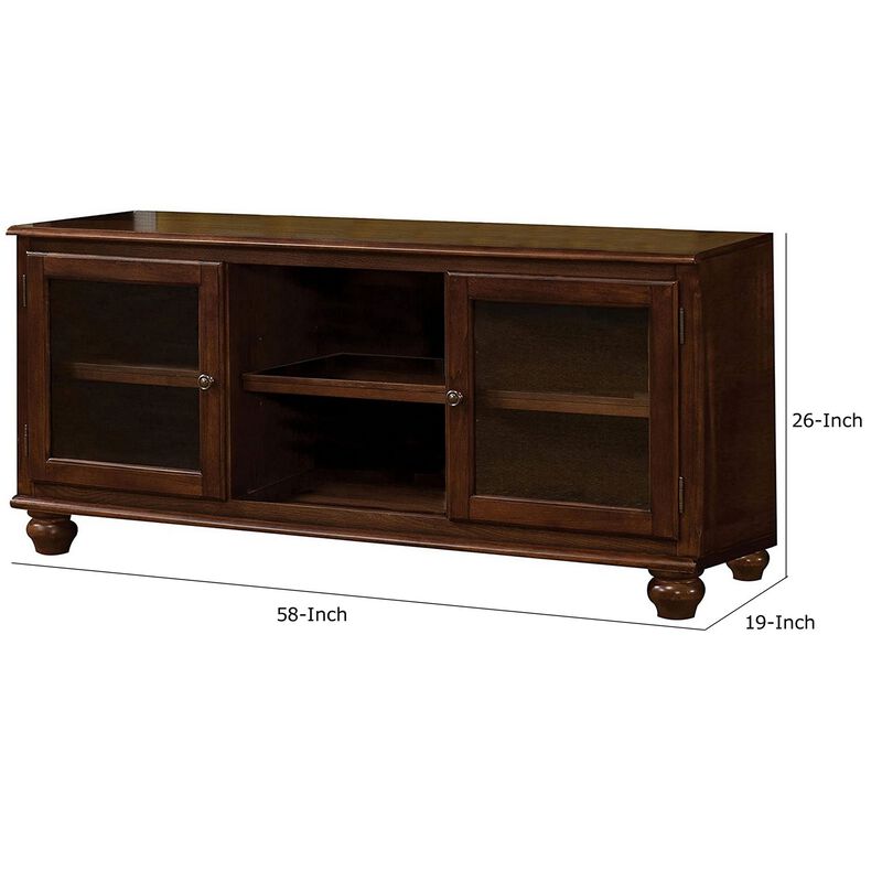 58 Inch Wood TV Entertainment Media Console, 2 Door, 2 Open Shelves, Walnut-Benzara