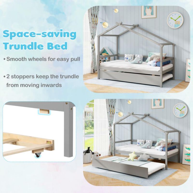 Hivvago Kids Twin Size House Bed with Trundle and Roof