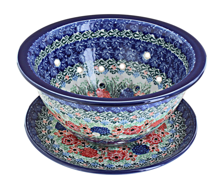 Blue Rose Polish Pottery Mardi Gras Berry Bowl & Plate