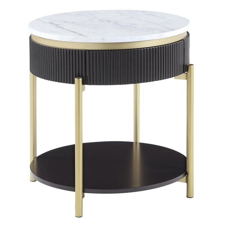 Ville 23 Inch Round Side End Table, White Faux Marble Top Brown Reeded Edge - Benzara