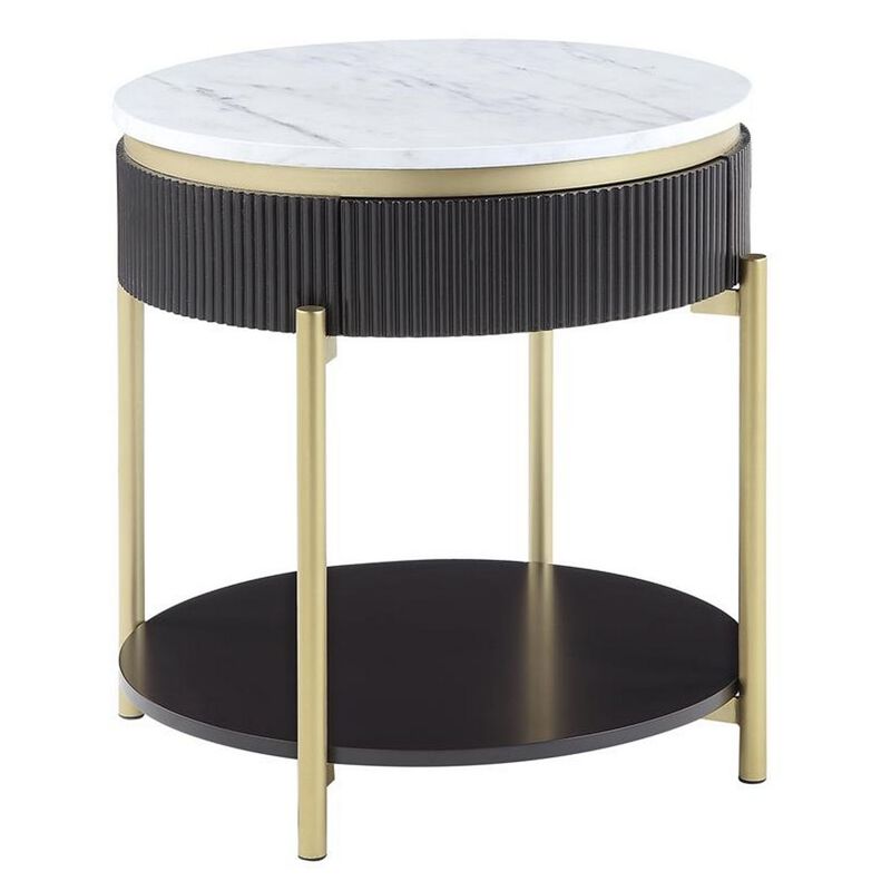 Ville 23 Inch Round Side End Table, White Faux Marble Top Brown Reeded Edge - Benzara