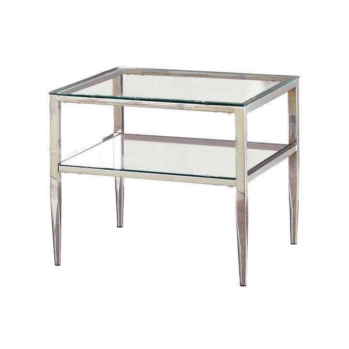 Metal Square End Table, Glass Top, Open Shelf, Chrome-Benzara