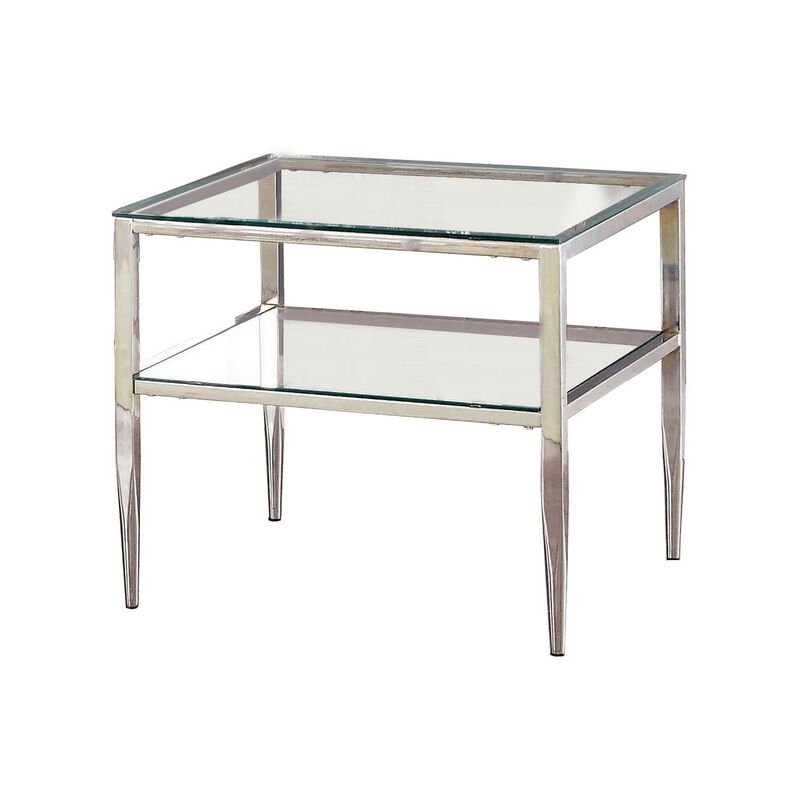 Metal Square End Table, Glass Top, Open Shelf, Chrome-Benzara