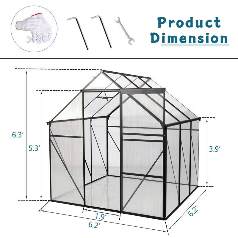 6x6FT Black Polycarbonate Greenhouse with Raised Base and Anchor