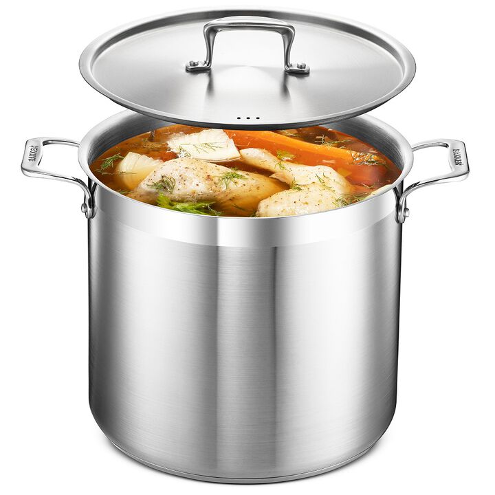 Stockpot - Brushed Stainless Steel – Heavy Duty Induction Pot with Lid and Riveted Handles – For Soup, Seafood, Stock, Canning and for Catering for Large Groups and Events by BAKKEN
