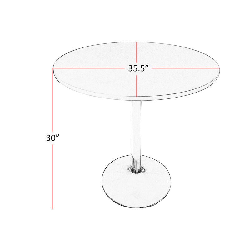 Mari 36 Inch Dining Table, Smooth White Round Top and Stainless Steel Base - Benzara