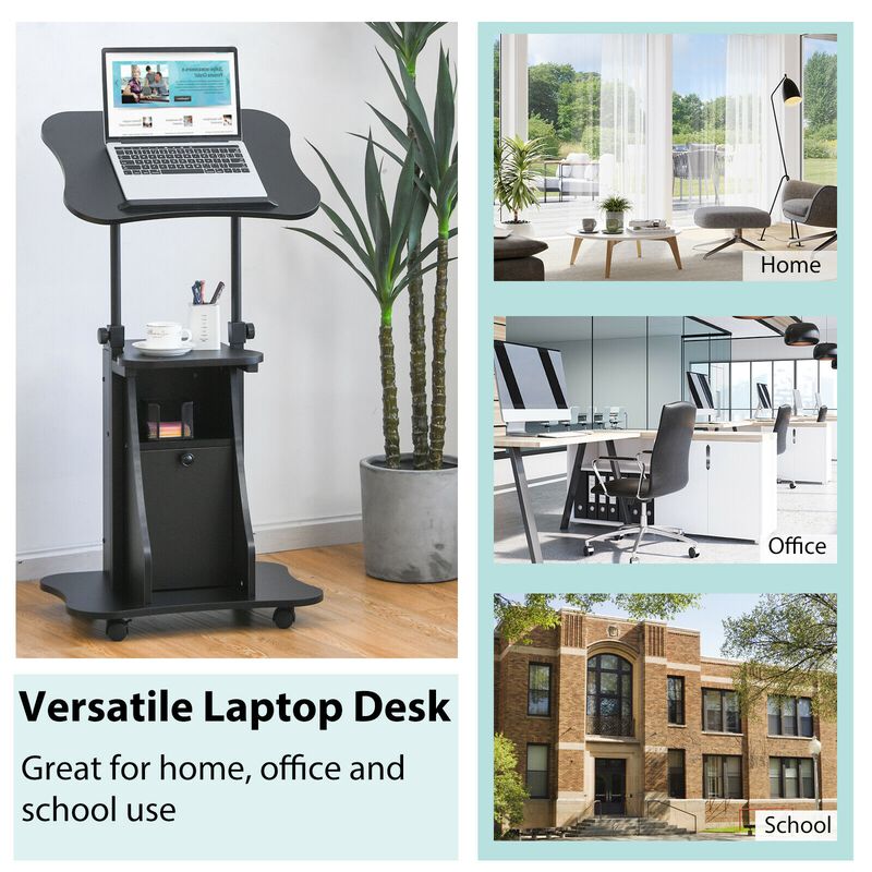 Adjustable Mobile Standing Desk Cart with Tilt Desktop and Cabinet