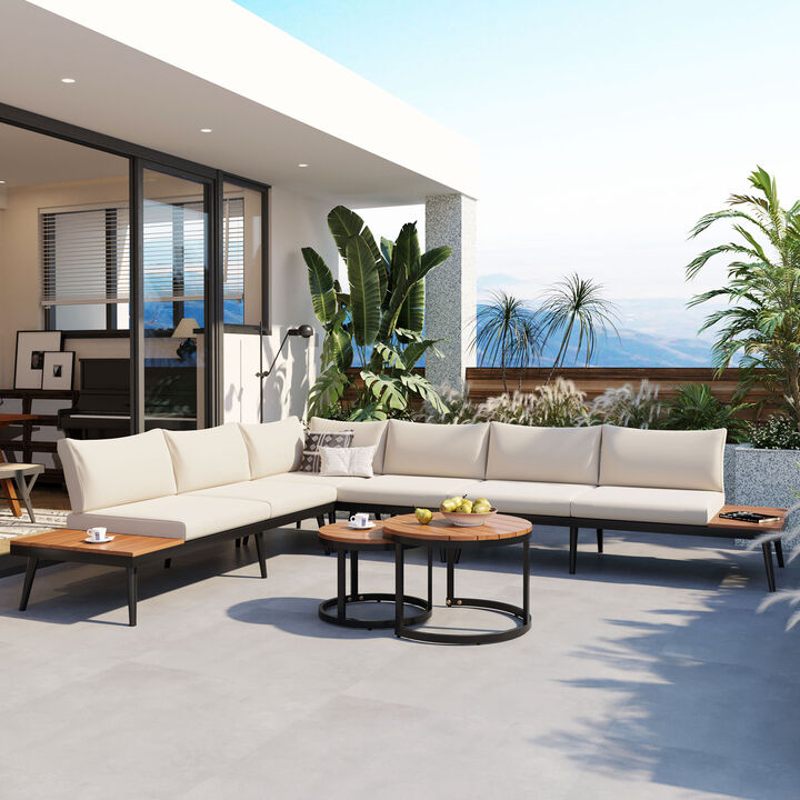 Whisen 6-Piece Outdoor Sectional Sofa Set with Round Nesting Coffee Tables and Seating Sofa with Cushions
