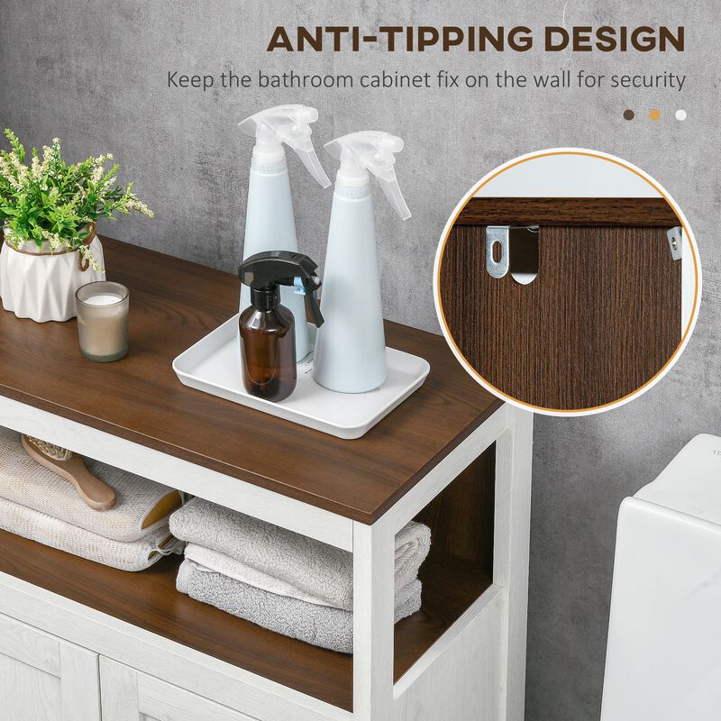 White/Walnut Bathroom Storage: Freestanding Cabinet with Open Shelf