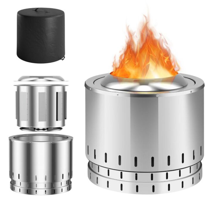 Hivvago Smokeless Stainless Steel Fire Pit with Ash Pan for Yard Camping-Silver
