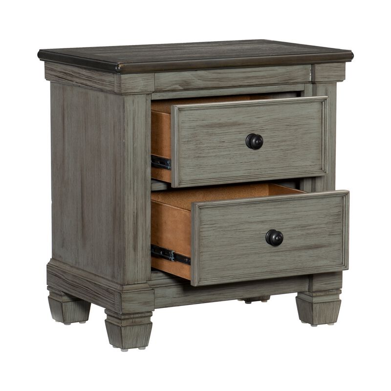 Cadie 29 Inch Nightstand, 2 Drawers, Coffee Brown, Antique Gray Wood - Benzara