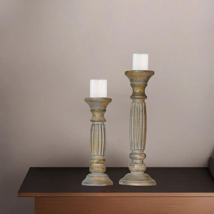 Traditional Gray Wash Eco-friendly Handmade Mango Wood Set Of Two 12" & 15" Pillar Candle Holder