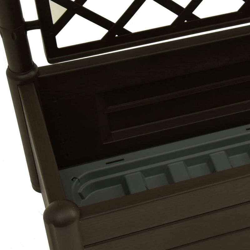 Garden Planter Flower Box with Trellis, Mocha Brown Plastic, Drainer - Benzara