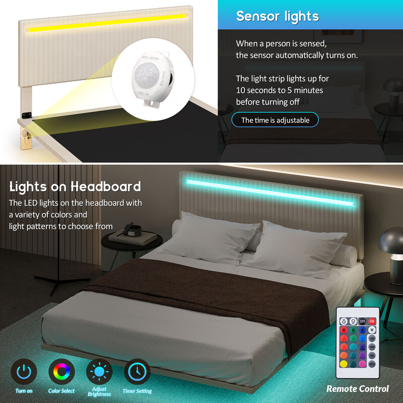 Merax Modern Upholstered Floating Bed Frame with LED Lights