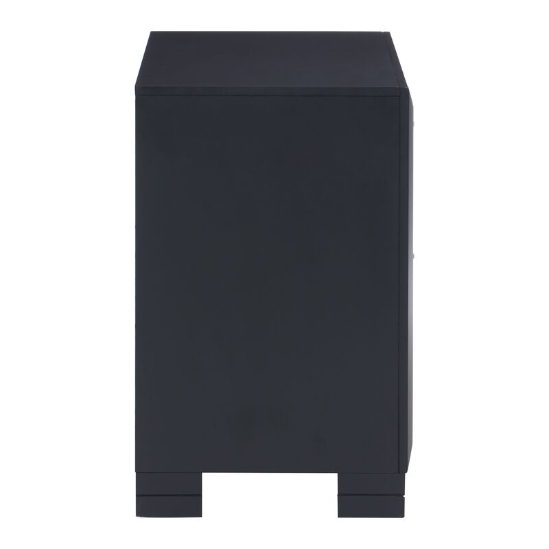 Rosy 27 Inch Nightstand, 2 Drawers, Chrome Accents, Midnight Blue Wood - Benzara