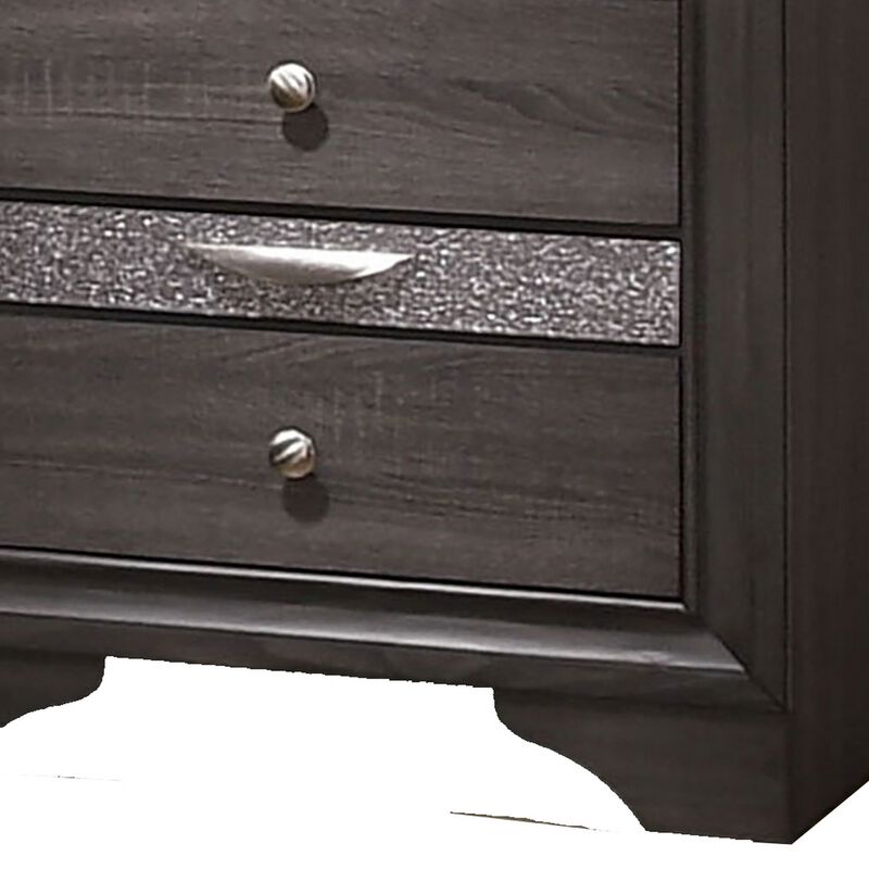 Wooden Nightstand with 2 Drawers and 1 Jewelry Drawer, Gray and Silver-Benzara