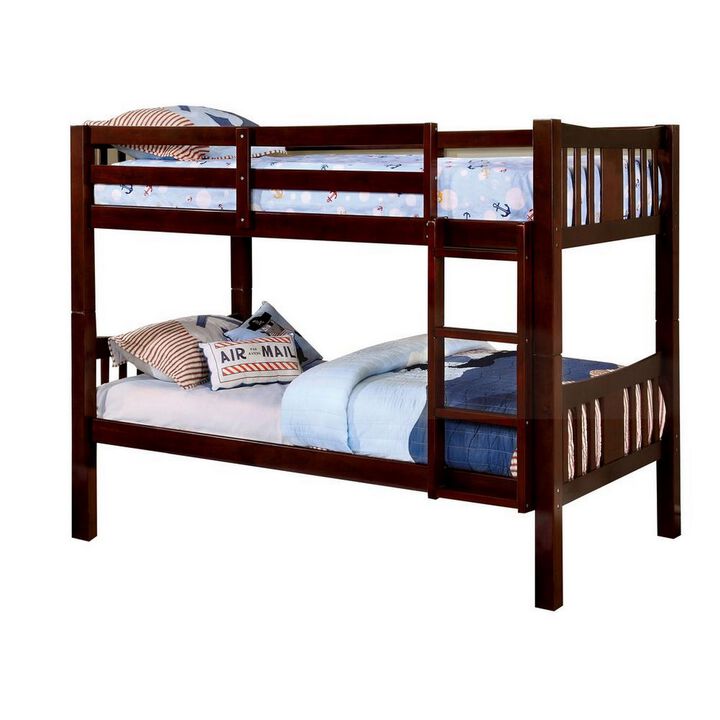 Slatted Twin Over Twin Bunk Bed with Attached Ladder, Espresso Brown-Benzara Slatted Twin Over Twin Bunk Bed with Attached Ladder, Espresso Brown-Benzara
