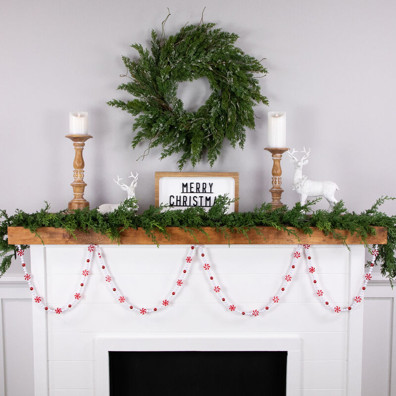 9' Red and White Peppermint Candy Beaded Christmas Garland  Unlit